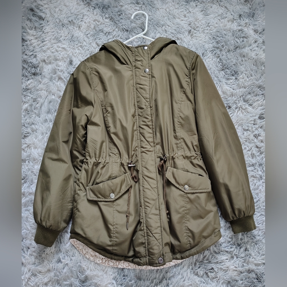 Sebby Women's Medium Reversible Green Anorak Hooded Jacket w/ Sherpa Lining